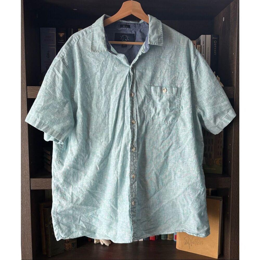 🐿️ Even Tide Light Blue Linen Blend Button Front Shirt Size XXL Short
